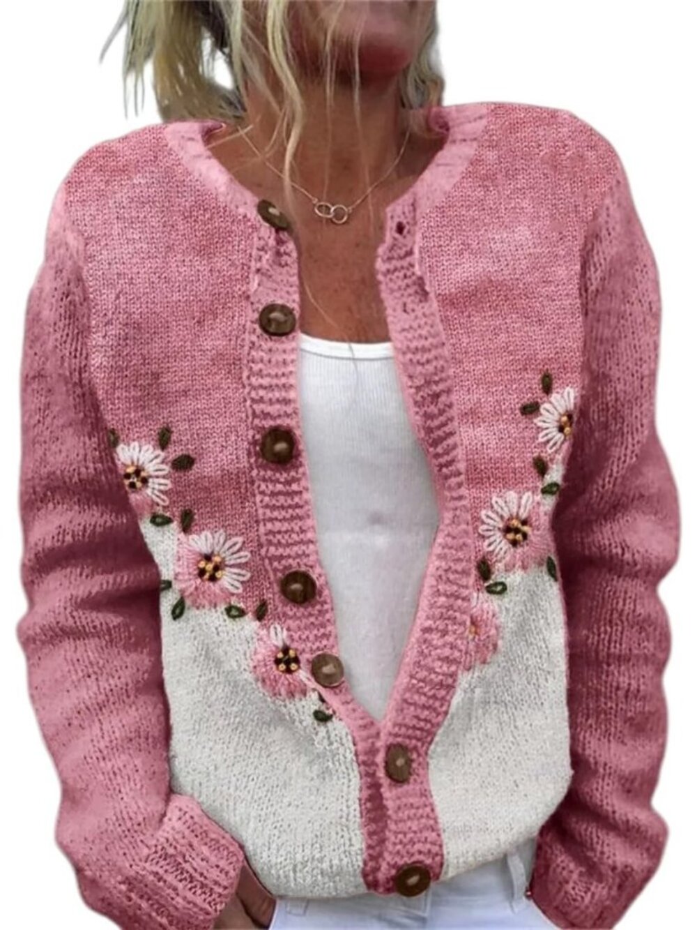 Women’s Pink White Floral Embroidered Knit Button Cardigan Sweater